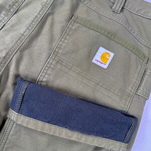 Carhartt Fleece Lined Double Knee Men Green Cargo Pants 32x35 Ripstop BN5461M